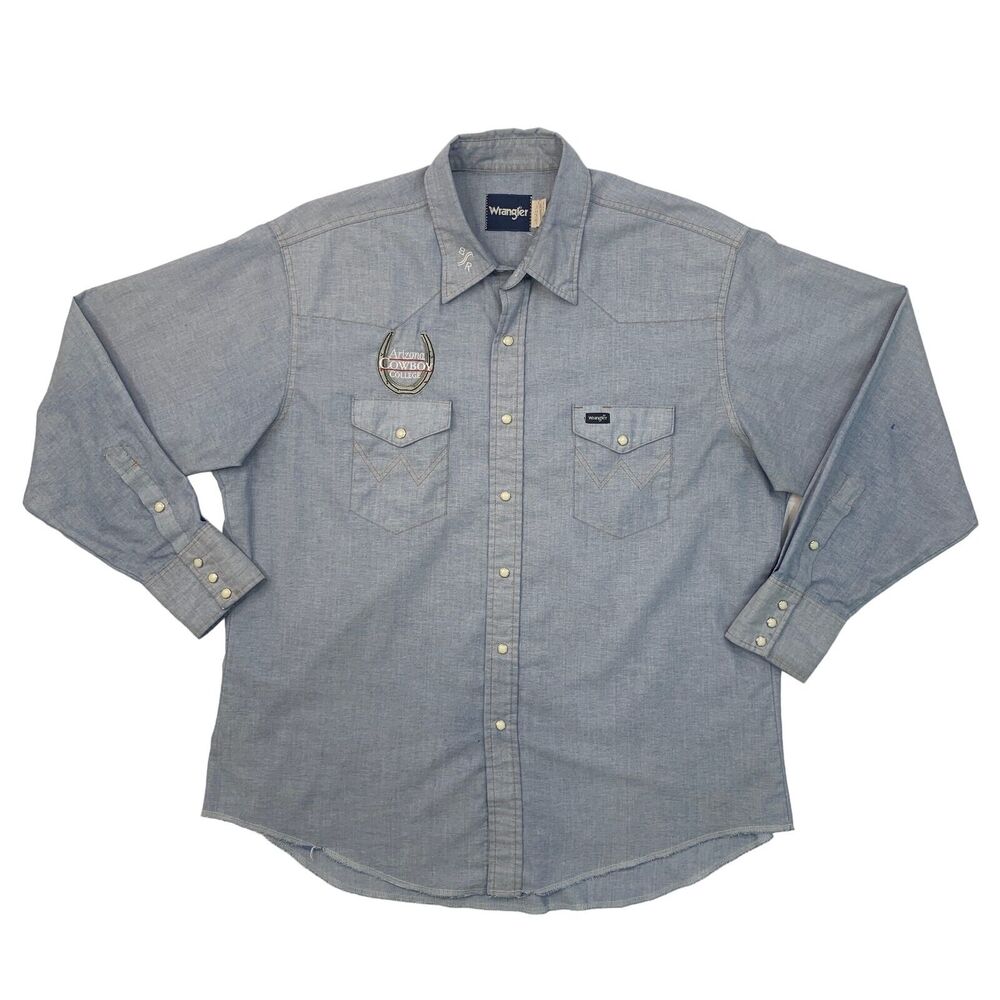Vintage Wrangler Shirt Mens 18 Pearl Snap Button Arizona Cowboy College *READ
